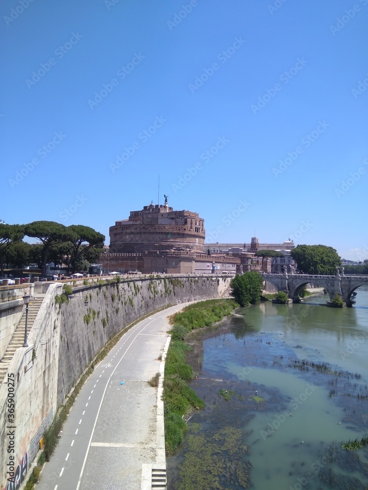 Castle of the Holy Angel in Rome in Italy view over the Tiber River.