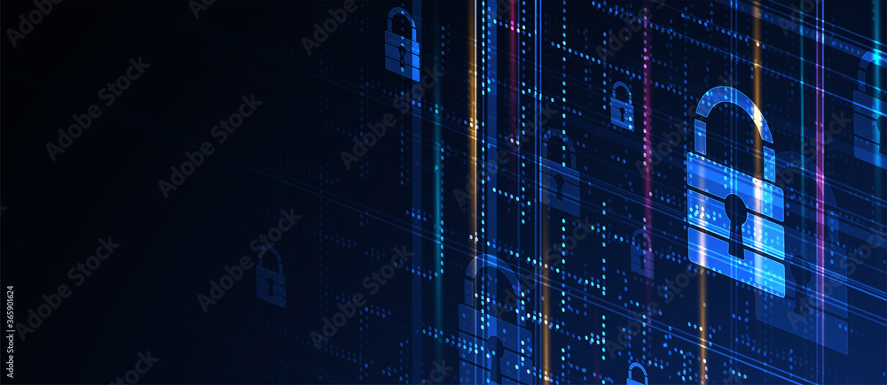 Naklejka premium internet digital security technology concept for business background. Lock on circuit board