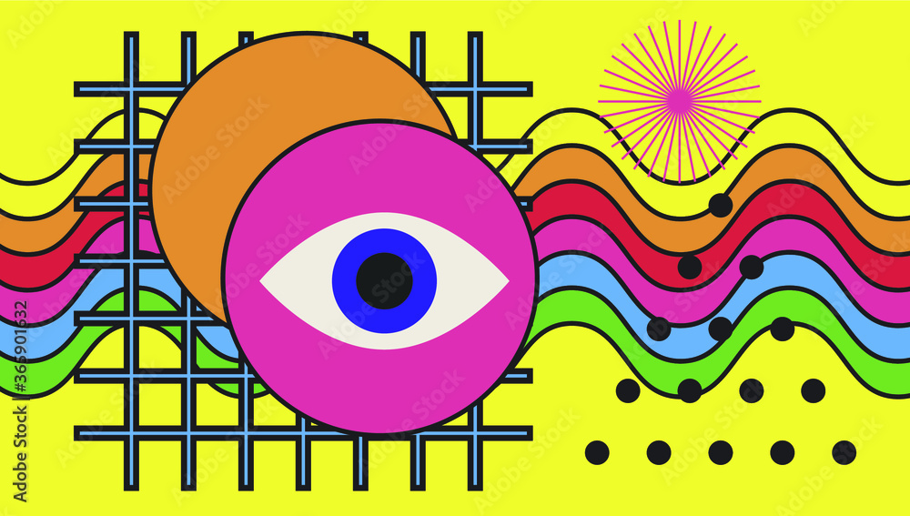 Hippie psychedelic 70s style art collage with rainbow and eye. Surreal