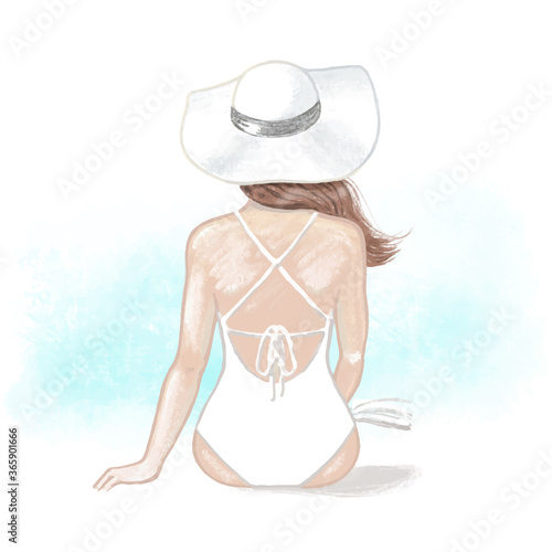 Woman in white swimsuit on the beach. Hand drawn illustration