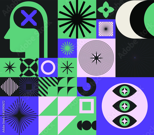 Abstract minimal composition of geometric bold simple shapes and flat illustration of head and eye. Concept of human psychology and mental health.