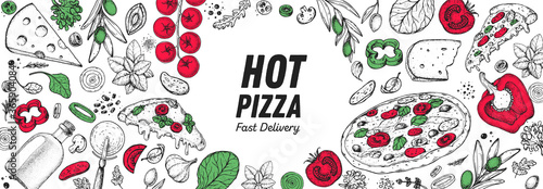 Italian pizza and ingredients. Italian food menu design template. Pizzeria menu design template. Vintage hand drawn sketch vector illustration. Engraved image.