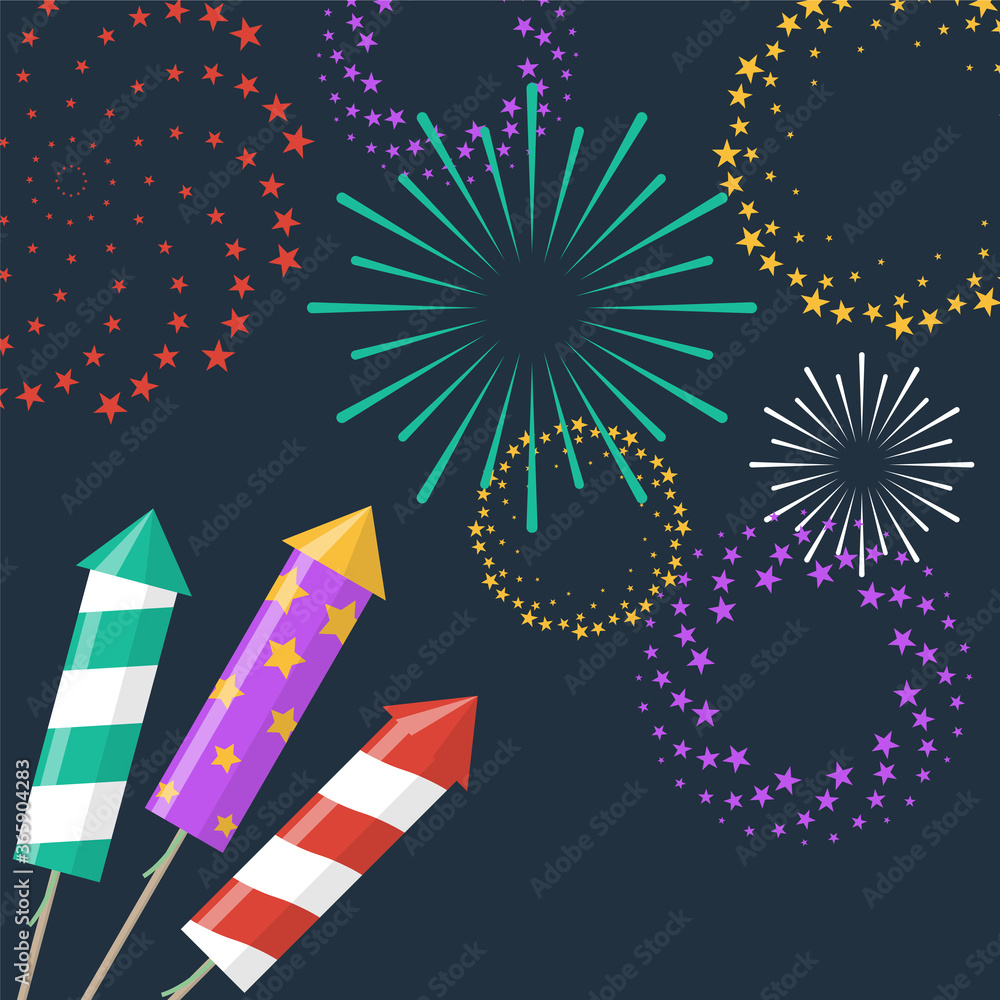 Obraz premium Firework rockets with sparkling fireworks explosions