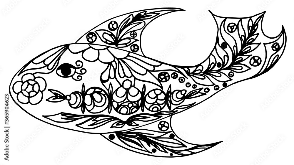 Fish with flowers in the folk Russian style. Fish with flowers in the folk Russian style.