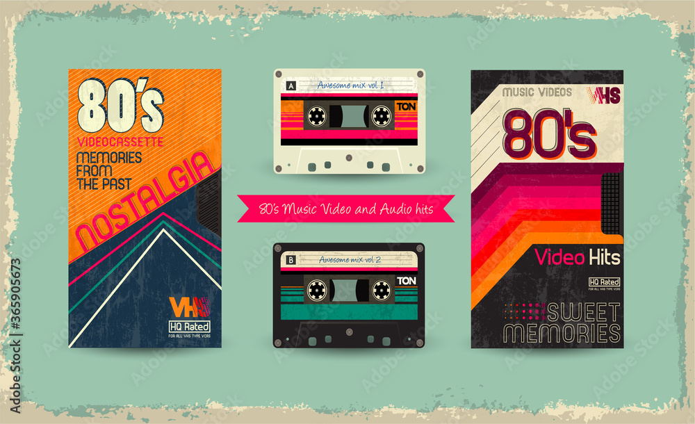 VHS tape. Vector beta tape and cassette box old graphic in 80s style. Awesome super video hits. VHS effect. 80's and 90's style. Retro vintage cover. Eighties letters. Easy editable design template. - obrazy, fototapety, plakaty 