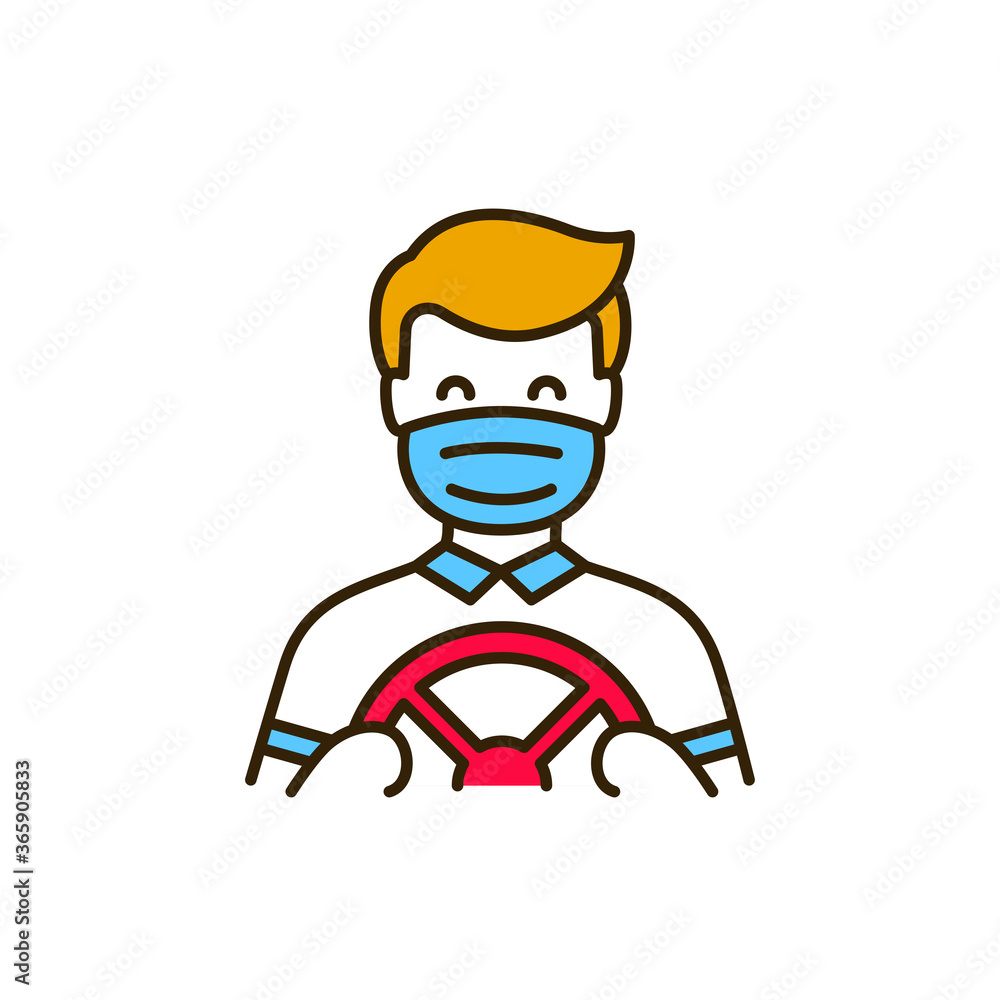 Masked driver driving color line icon. Safe travel. Pictogram for web, mobile app, promo. UI UX design element. Masked driver driving color line icon. Safe travel. Pictogram for web, mobile app, promo. UI UX design element.