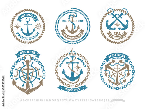 Anchor logo, nautical adventure emblem, t-shirt print style.