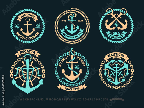 Anchor logo, nautical adventure emblem, t-shirt print style.