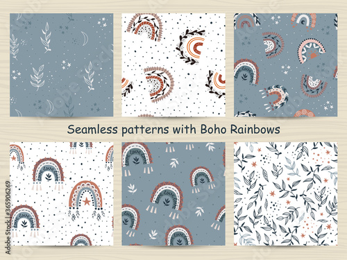 Set of seamless patterns with rainbows in bohemian style