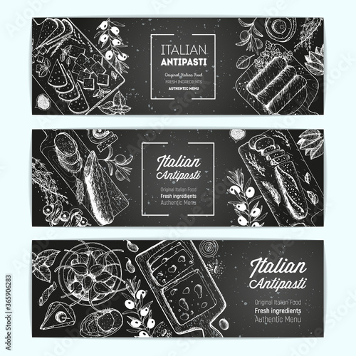 Italian Antipasto banner collection, vertical poster. A set of Italian food. Food menu design template. Vintage hand drawn sketch vector illustration. Engraved image