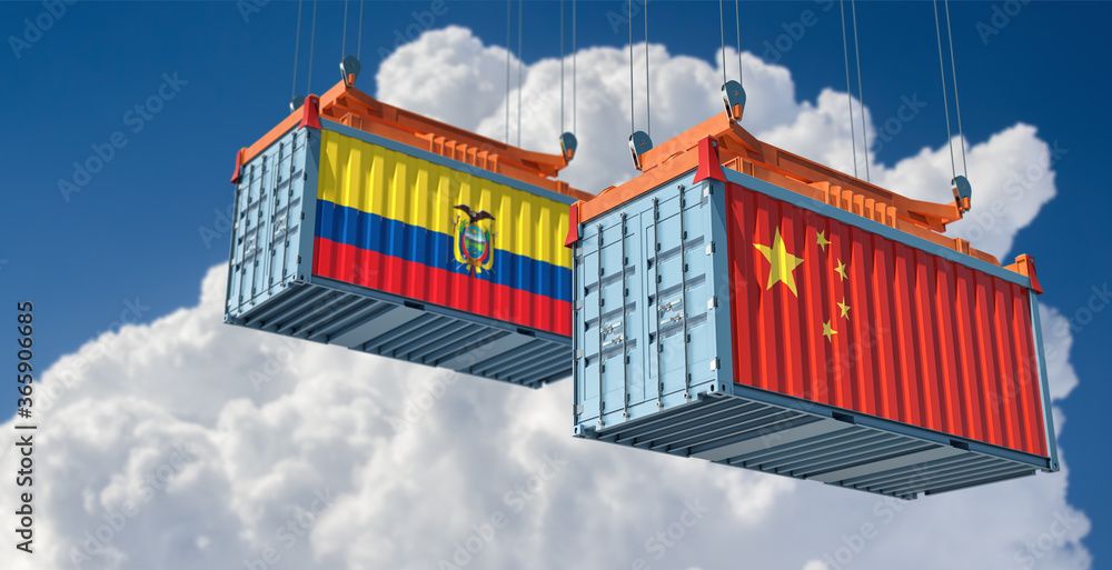 Freight containers with Ecuador and China flag. 3D Rendering 