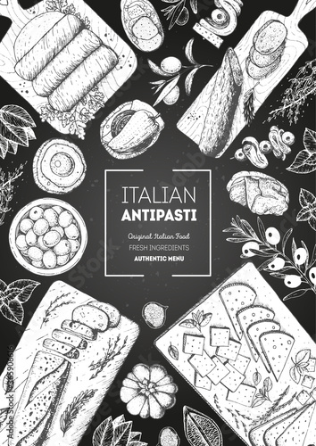 Italian food top view. A set of Italian Antipasti. Food menu design template. Vintage hand drawn sketch vector illustration. Engraved image