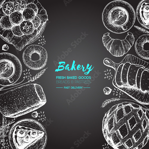 Bakery background. Bakery top view frame. Hand drawn sketch with bread, pastry, sweet. Bakery set vector illustration. Background design template . Engraved food image. Black and white package design.