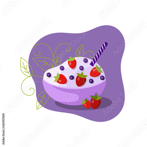 Oatmeal advertising and blueberry, milk splashing and berries, Oat flakes illustration