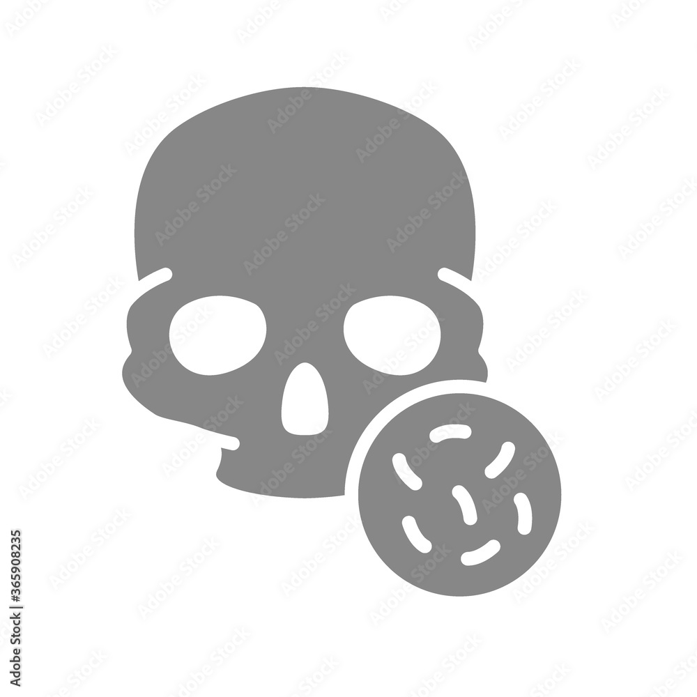 Skull with bacteria grey icon. Bones of the head, cranial bacterial infection, osteomyelitis symbol Skull with bacteria grey icon. Bones of the head, cranial bacterial infection, osteomyelitis symbol