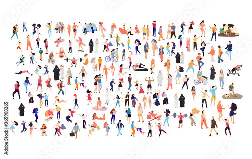 Crowd of flat illustrated people. Dancing, surfing, traveling, walking, working, playing people set. Vector big set