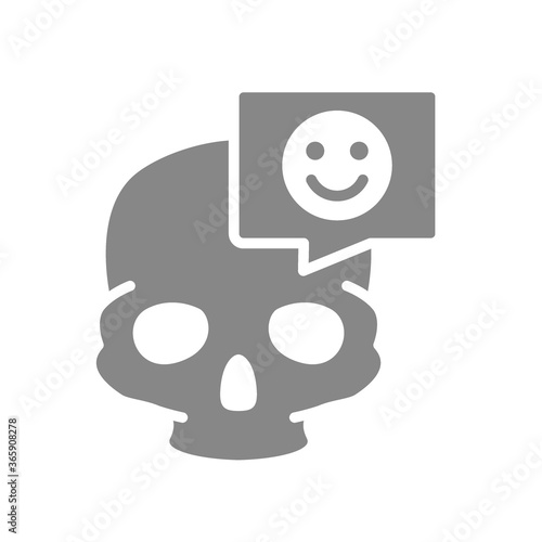 Skull with happy face in speech bubble grey icon. Bone structure of the head, cranium symbol