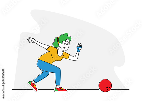 Female Character Playing Bowling, Throw Ball to Hit Pins. Leisure, Active Lifestyle, Woman Spend Time in Bowling Club