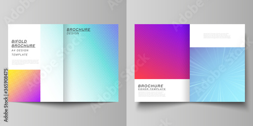 Vector layout of two A4 format modern cover mockups design templates for bifold brochure  magazine  flyer  booklet  annual report. Abstract geometric pattern with colorful gradient business background