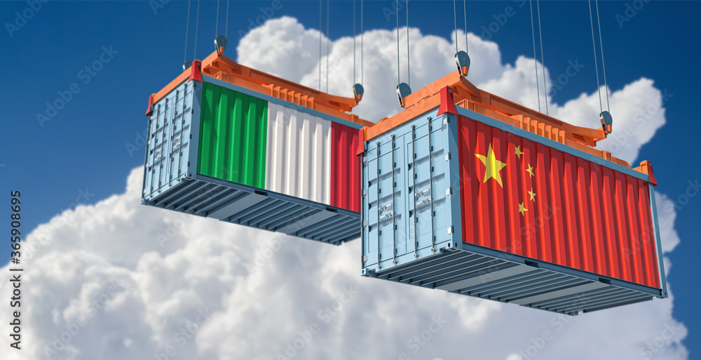Freight containers with Italy and China flag. 3D Rendering 