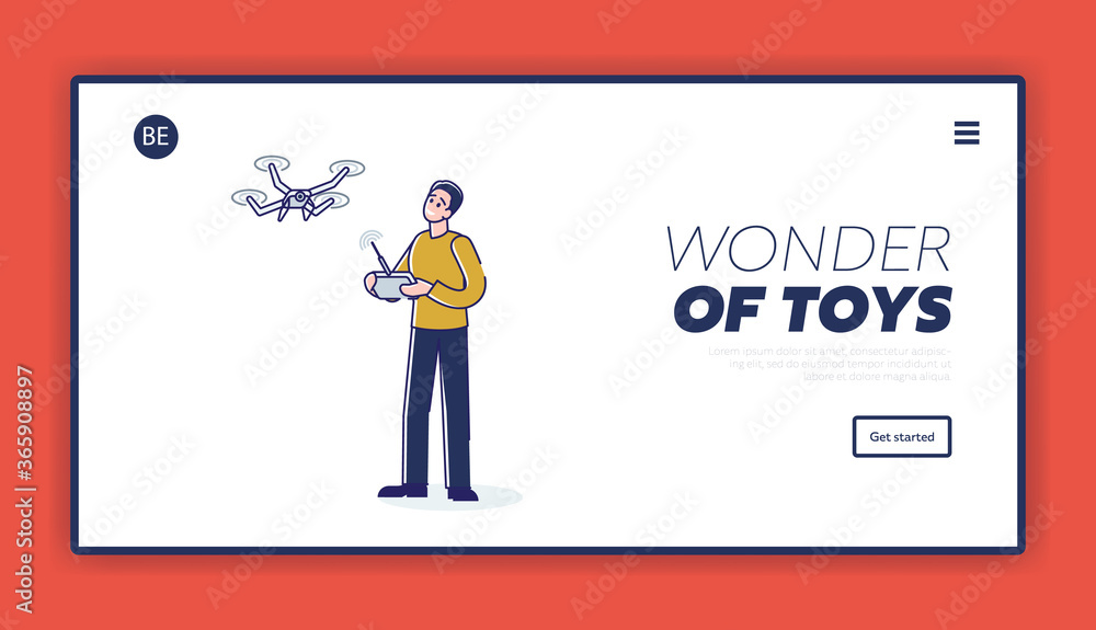 Children toys landing page template with boy controlling quadrocopter or drone hovering in sky