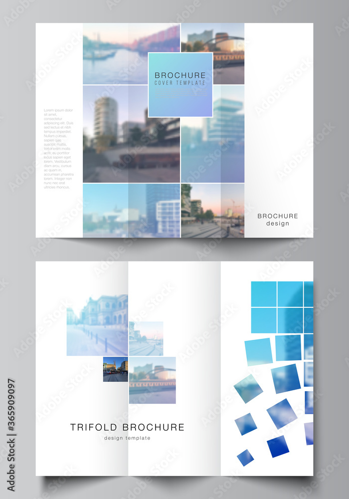 Vector layouts of covers design templates for trifold brochure, flyer layout, magazine, book design, brochure cover, advertising mockups. Abstract design project in geometric style with blue squares.