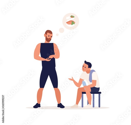 Male personal coach giving advice on nutrition vector flat illustration. Trainer consult man to body healthy and gaining muscle mass isolated. Fitness instructor and client discuss diet programm
