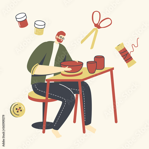 Ceramist Artist Male Character with Wheel on Table Create Pottery Making Clay Pot, Earthenware, Crockery and Ceramics