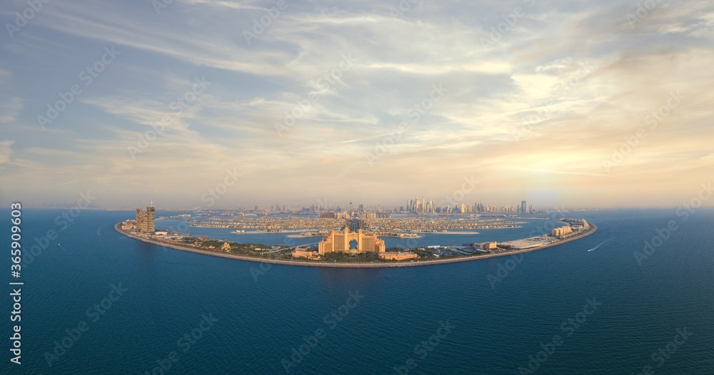 Amazing panoramic view of the Palm Islands in Dubai with marina skyline in background; ultimate tourist destination; 
