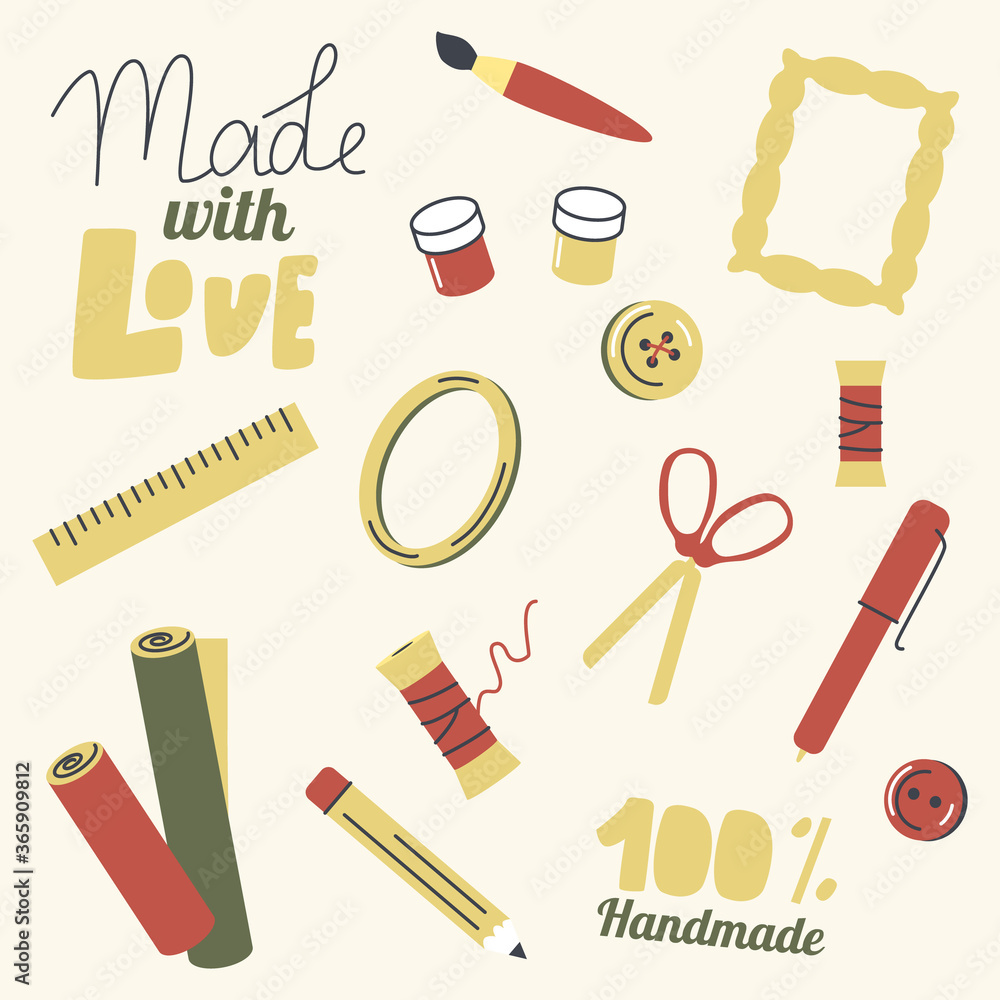 Set of Icons for Handmade Hobby. Scissors, Thread and Fabric Rolls, Ruler, Pencil with Pen and Buttons, Picture Frame
