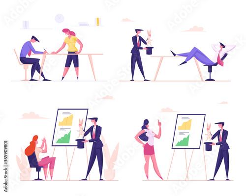 Set Business Characters Perform Entertainment Magic Trick with Rabbit in Cylinder Hat Demonstrate Skills to Businessman