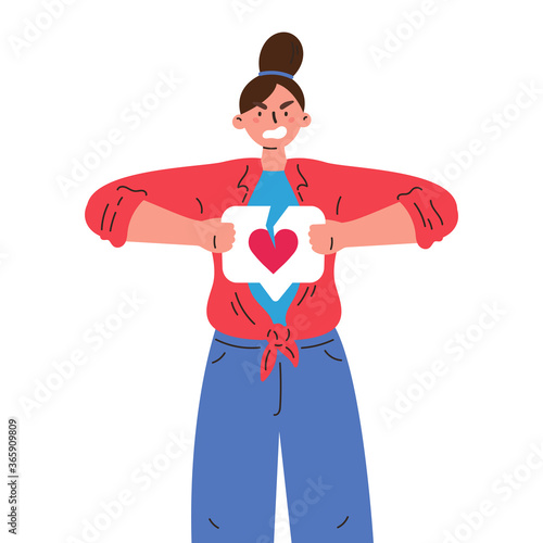 Angry woman with broken like button with heart.Teenager tearing like.Negative sad emotions.Addiction to internet approval and validation.Vector illustration in flat cartoon style.Colourful character.