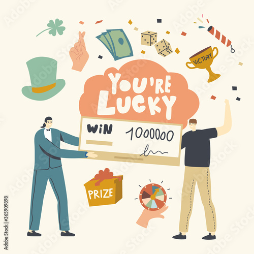 Anchorman Giving Huge Voucher with Signature for Getting Money in Bank. Lucky Man Rejoice for Get Paycheck Lottery