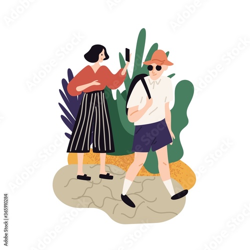Couple enjoying nature at summer vacation vector flat illustration. Tourist w...