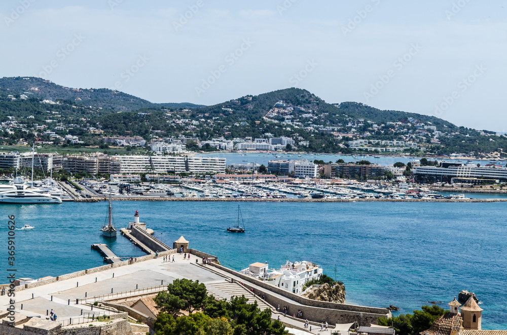 Scenic view of marina from old town of Ibiza in Spain
