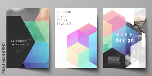 Vector layout of A4 format cover mockups design templates with colorful hexagons, geometric shapes, tech background for brochure, flyer layout, booklet, cover design, book design, brochure cover.