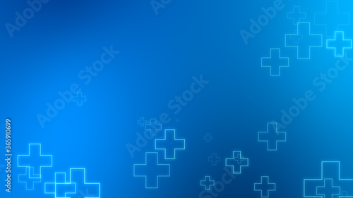 Medical health blue cross neon light shapes pattern background. Abstract healthcare technology and science concept.