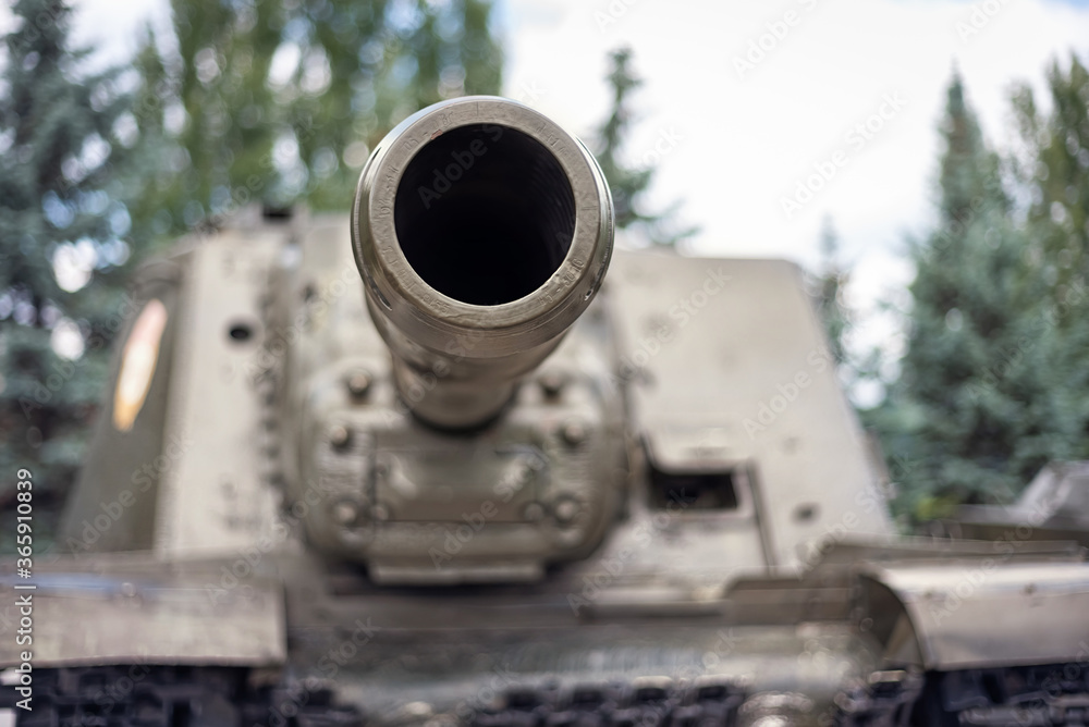 The barrel of a self-propelled artillery gun.