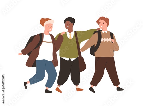 Group of smiling diverse pupils hugging walking together vector flat illustra...