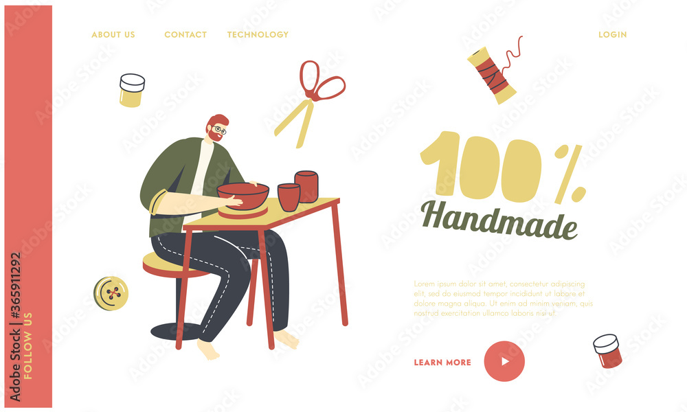 Creative Handmade Hobby Landing Page Template. Ceramist Artist Male Character with Wheel Create Pottery Making Clay Pot Creative Handmade Hobby Landing Page Template. Ceramist Artist Male Character with Wheel Create Pottery Making Clay Pot