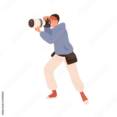 Male professional photographer taking photo holding camera vector flat illustration. Man photojournalist or reporter shooting during work isolated on white. Creative guy with photographing equipment