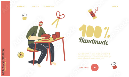 Creative Handmade Hobby Landing Page Template. Ceramist Artist Male Character with Wheel Create Pottery Making Clay Pot