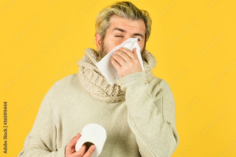 Immune response. Bearded man sick. Cold flu concept. Body temperature. Headache virus symptom. First symptom. Suffer pain. Fever and thermal regulation of immunity. More than just symptom of illness Immune response. Bearded man sick. Cold flu concept. Body temperature. Headache virus symptom. First symptom. Suffer pain. Fever and thermal regulation of immunity. More than just symptom of illness