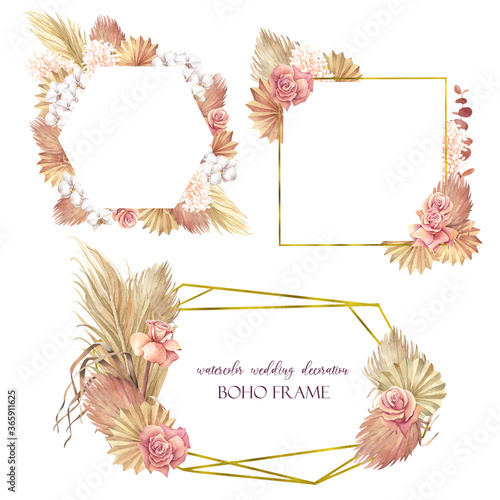 Set of boho watercolor frames with rose flowers and palm leaves on a white background for decoration.