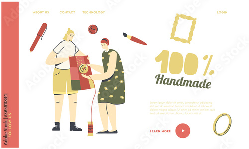 Female Characters Needlework, Dressmaking Hobby Landing Page Template. Woman Sewing Clothes Buttons on Fabric, Handmade
