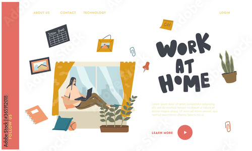 Remote Workplace, Freelance Self-employed Occupation Landing Page Template. Woman Freelancer, Outsourced Employee Work