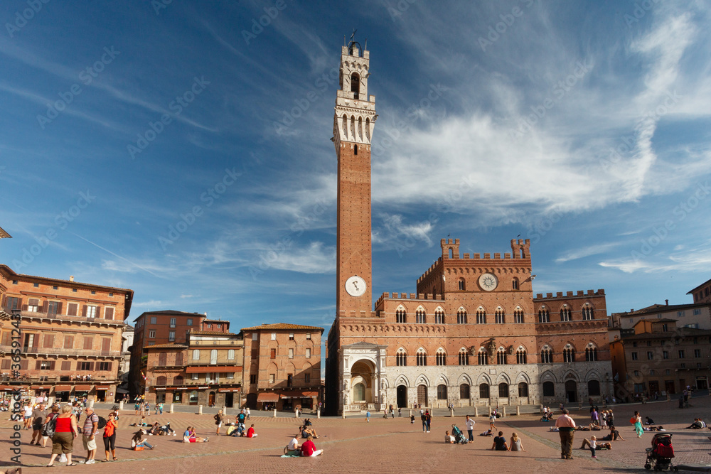 Siena main square with tower Torre del Mangia