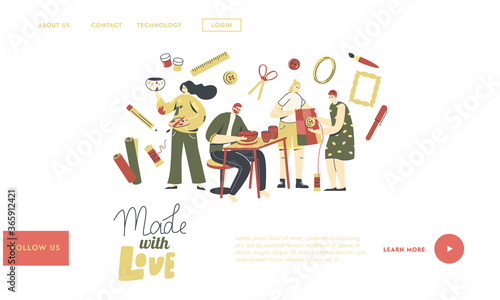 People Enjoying Handmade Hobby Landing Page Template. Characters Sewing, Making and Decorating Pots, Hand Made Workshop