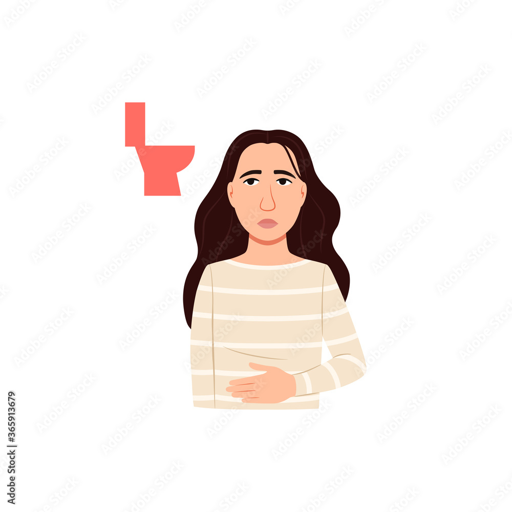 Diarrhea and vomiting concept. Constipation nausea icon. Sick woman