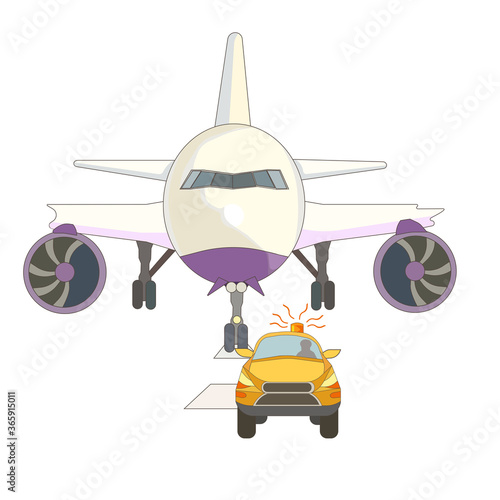 Follow Me Car accompanying an airplane on white isolated background, vector illustration to make prints, posters using as an original art or element of design in Airport Ground Facilities topic.